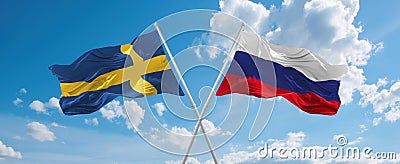 two crossed flags Russia and Sweden waving in wind at cloudy sky. Concept of relationship, dialog, travelling between two Cartoon Illustration