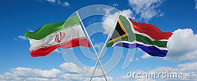 two crossed flags South Africa and Iran waving in wind at cloudy sky. Concept of relationship, dialog, travelling between two Cartoon Illustration