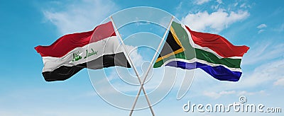 two crossed flags South Africa and Iraq waving in wind at cloudy sky. Concept of relationship, dialog, travelling between two Cartoon Illustration