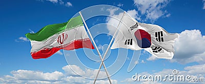 two crossed flags south korea and Iran waving in wind at cloudy sky. Concept of relationship, dialog, travelling between two Cartoon Illustration