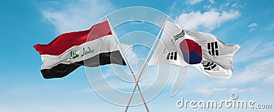 two crossed flags south korea and Iraq waving in wind at cloudy sky. Concept of relationship, dialog, travelling between two Cartoon Illustration