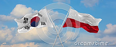 two crossed flags south korea and Poland waving in wind at cloudy sky. Concept of relationship, dialog, travelling between two Cartoon Illustration