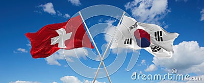 two crossed flags south korea and Switzerland waving in wind at cloudy sky. Concept of relationship, dialog, travelling between Cartoon Illustration