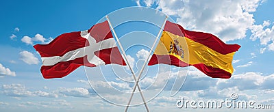 two crossed flags Spain and Denmark waving in wind at cloudy sky. Concept of relationship, dialog, travelling between two Cartoon Illustration