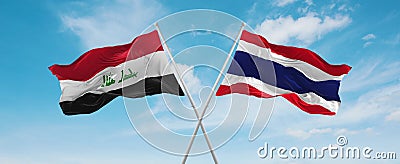 two crossed flags thailand and Iraq waving in wind at cloudy sky. Concept of relationship, dialog, travelling between two Cartoon Illustration