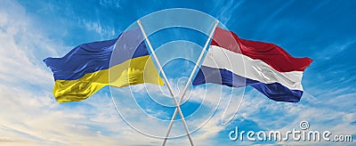 two crossed flags Ukraine and Netherland waving in wind at cloudy sky. Concept of relationship, dialog, travelling between two Cartoon Illustration
