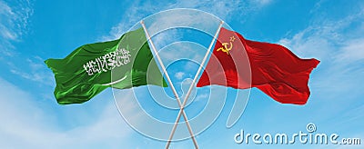 two crossed flags ussr and Saudi Arabia waving in wind at cloudy sky. Concept of relationship, dialog, travelling between two Cartoon Illustration