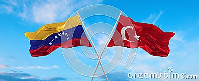 two crossed flags Venezuela and Turkey waving in wind at cloudy sky. Concept of relationship, dialog, travelling between two Cartoon Illustration
