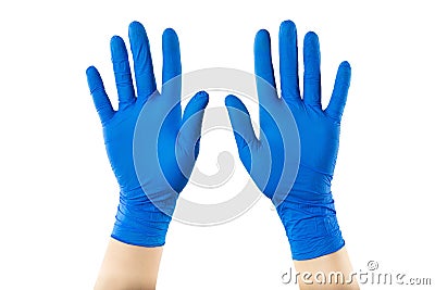 Two crossed hands in protective medical gloves with ope palms isolated at whitte background Stock Photo