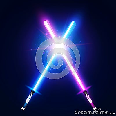 Two crossed light neon swords fight. Blue and purple crossing laser sabers war. Glowing rays in space. Vector Illustration