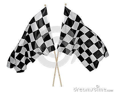 Two crossed pair of waving black white chequered flag with wooden stick motorsport sport racing concept isolated background Stock Photo