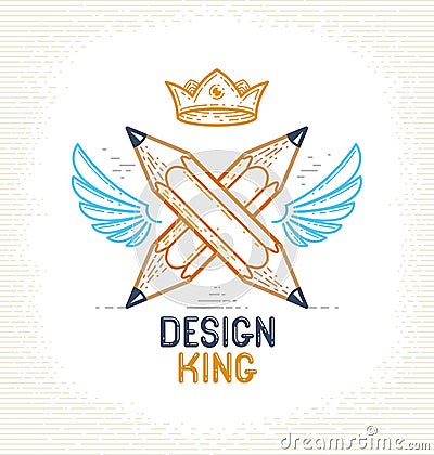 Two crossed pencils with wings and crown, vector simple trendy logo or icon for designer or studio, creative king, royal design, Vector Illustration