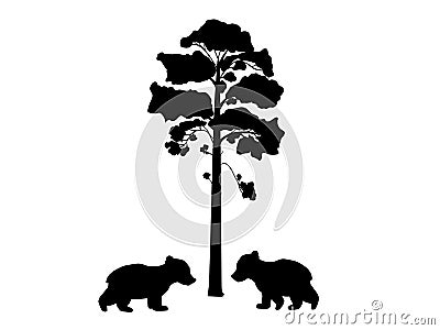 Two cub bears near tree silhouette animal Vector Illustration