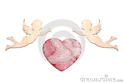 Two cupids and a heart made of wood texture. A celebration of love. Stock Photo