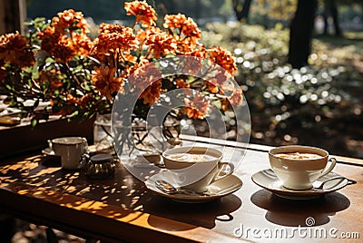 Two cups and autumn decor with flowers, sunny day. Generative AI Stock Photo