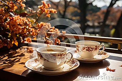 Two cups and autumn decor with flowers, sunny day. Generative AI Stock Photo