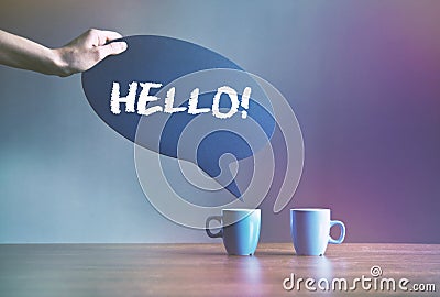 two coffee with bubble plate as dialog with text Stock Photo