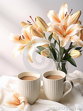 Two cups of coffee with milk and bouquet of lilies in a vase. Stock Photo