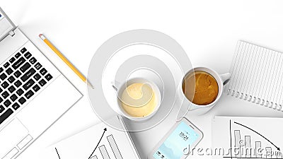 Two cups of coffee with notepad,phone,laptop,pencil Stock Photo