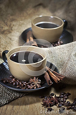 Two cups of coffee with spices Stock Photo