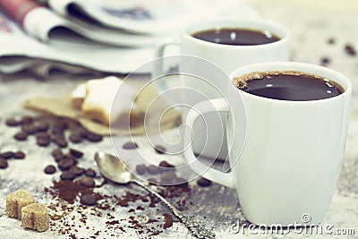 Two cups of coffee on wooden table Stock Photo