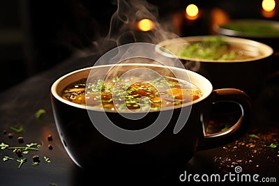 Two cups of soup with steam rising out of them, vegan January challenge. Stock Photo