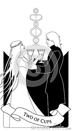 Two of cups. Tarot cards. Young couple offering a golden cup to each other. Caduceus symbol of two entwined snakes Vector Illustration