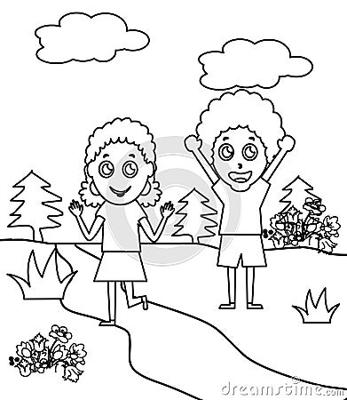 Two curly children coloring page Stock Photo