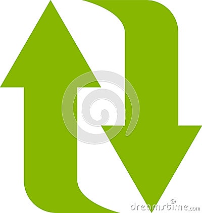 Two curved green arrows pointing up and down, symbolizing concepts like exchange, refresh, upload, download, import Vector Illustration