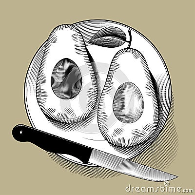 Two cut avocado halves and a knife on a round plate Vector Illustration
