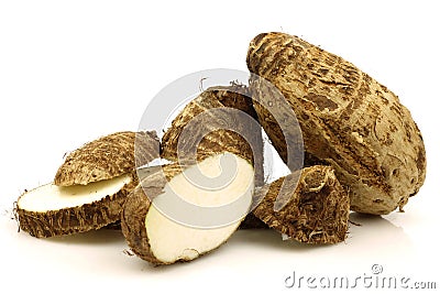 Two cut fresh taro root (colocasia) Stock Photo