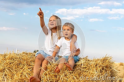 Two cute adorable caucasian siblings enjoy having fun sitting on top over golden hay bale on wheat harvested field near Stock Photo