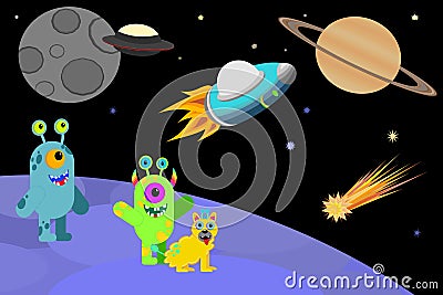 Two cute aliens and alien dog in an outer space landscape with UFOâ€™s and planets cartoon design Vector Illustration