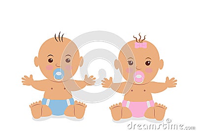 Two cute baby in diapers with a pacifier Vector Illustration