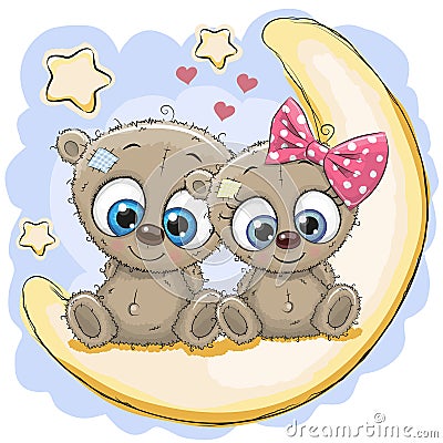 Two Cute Bears on the moon Vector Illustration