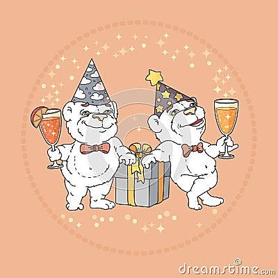 Two cute bears in party hats on rose background. Vector Illustration