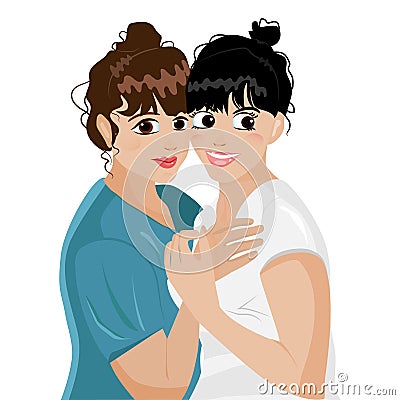 Two cute, beautiful, smiling girlfriend hug. Friendly relations. Vector Illustration