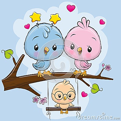 Two cute birds and a chick Vector Illustration