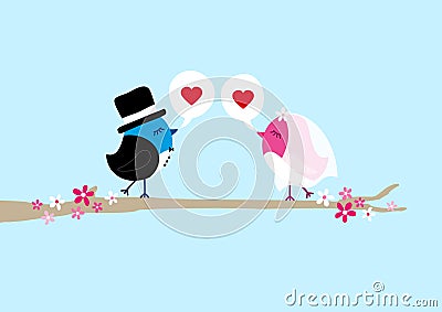 Two Birds Wedding On Tree Speech Bubbles Heart Blue Sky Vector Illustration