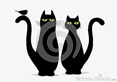 Two cute black cats and bird Vector Illustration