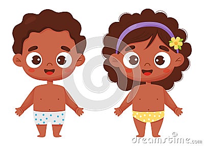 Two cute black ethnic kids in shorts. Vector illustration in cartoon style. Childrens collection. Isolated funny black Vector Illustration