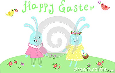 Two Easter bunnies congratulating each other on Easter with colored eggs Vector Illustration