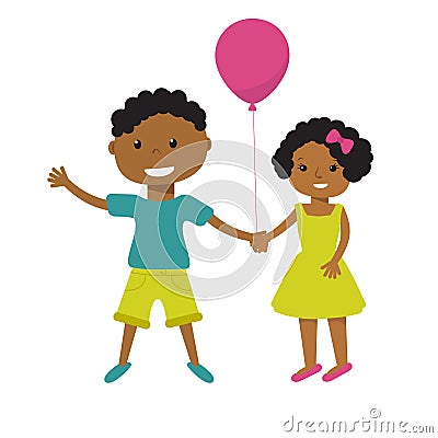 Two cute cartoon african american children with pink balloon holding hands. Older boy and smaller girl, brother sister, or friend Cartoon Illustration