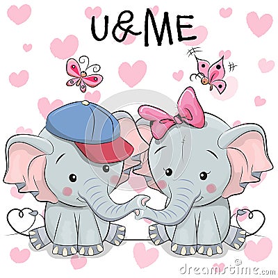 Two Cute Cartoon Elephants and butterflies Vector Illustration