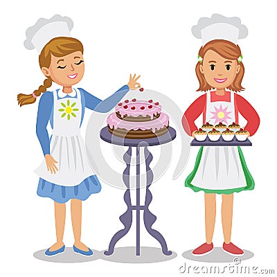 Two cute cartoon girl with pastry. Girl decorates a cake Vector Illustration