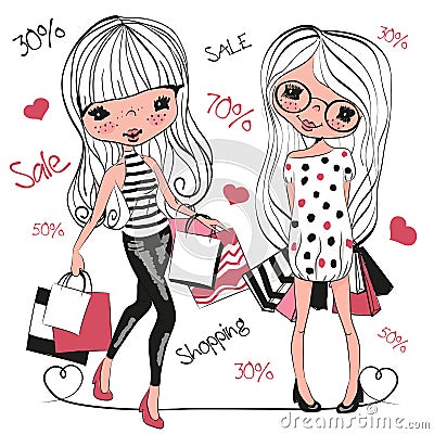 Two Cute cartoon girls with bags Vector Illustration