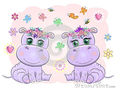 Two Cute cartoon hippo with beautiful eyes among the hearts of a boy and a girl. greeting card, valentines day design. Stock Photo