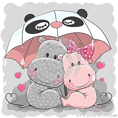 Cute Cartoon Hippos with umbrella Vector Illustration