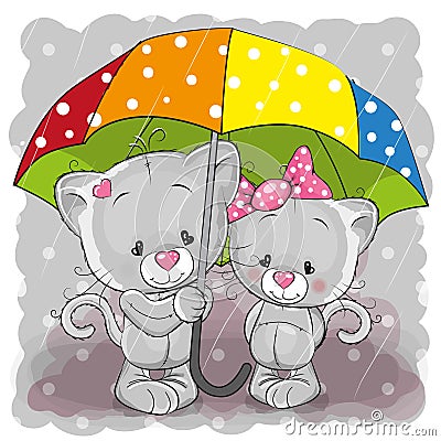 Two cute cartoon kittens with umbrella Vector Illustration