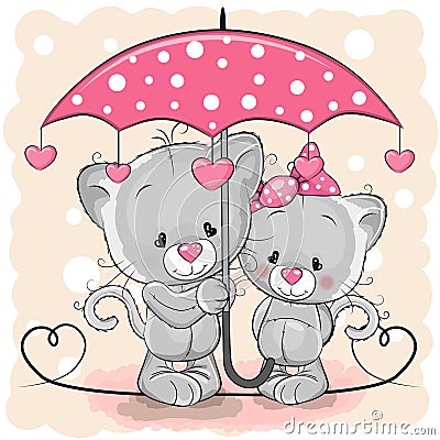 Two Cute Kittens with umbrella under the rain Vector Illustration
